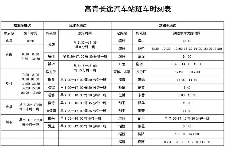 长途汽车站班车时刻表